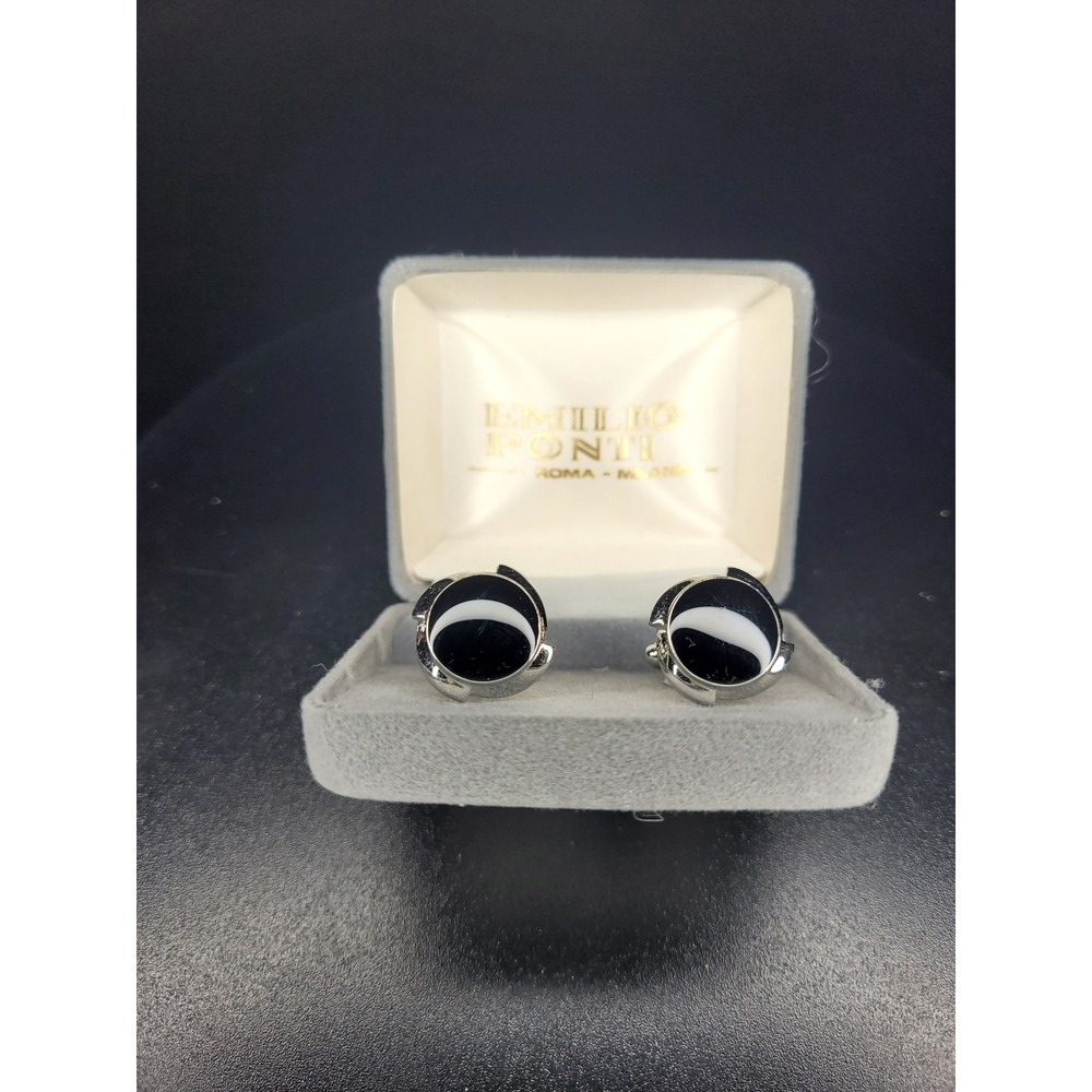 Emilio Ponti Roma Milano Cufflinks Black White Round Silver Tone Formal Set